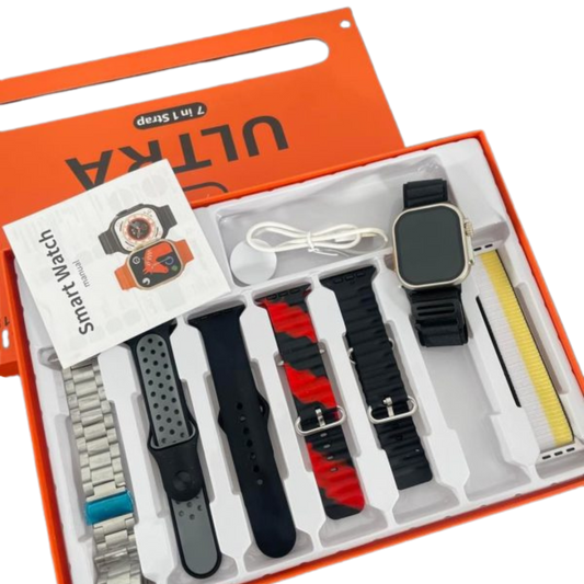7-in-1 Ultra Smart Watch – Fitness Tracker with Heart Rate Monitor, Sleep Tracking, Bluetooth Calling & Sports Modes | Includes 6 Silicone Straps + 1 Metal Strap (Random Colors)