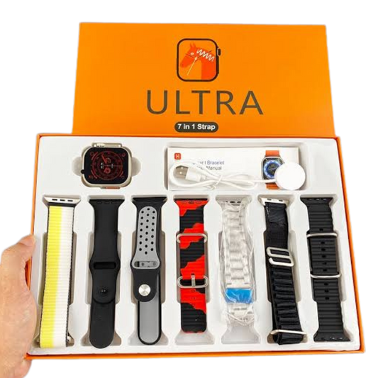 7-in-1 Ultra Smart Watch – Fitness Tracker with Heart Rate Monitor, Sleep Tracking, Bluetooth Calling & Sports Modes | Includes 6 Silicone Straps + 1 Metal Strap (Random Colors)
